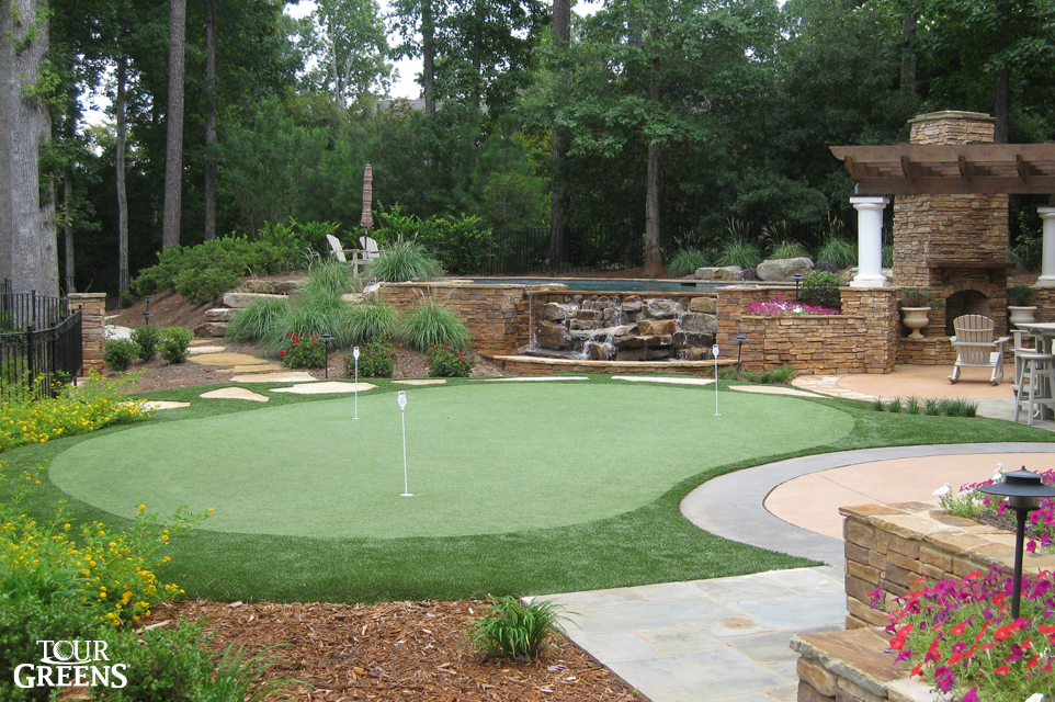 Backyard putting green installed in the outdoor living space