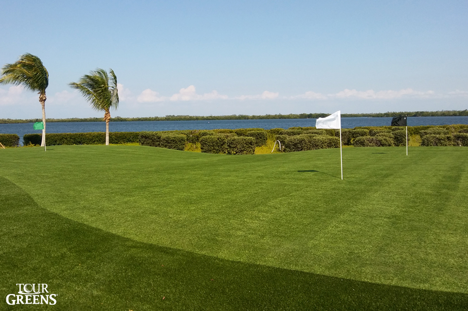 Large putting green installed in the backyard of a lakefront home