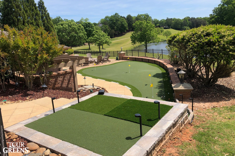 Backyard putting green with different turf to practice chipping